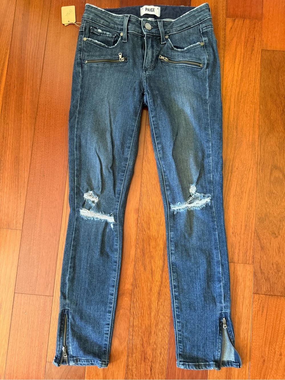 PAIGE Blue Distressed Skinny Jeans with Ankle Zips